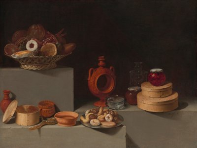 お菓子と陶器のある静物 作： Juan van der Hamen y Leon