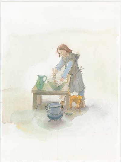 料理を準備する中世の料理人、2004 年。 作： Judith Dobie