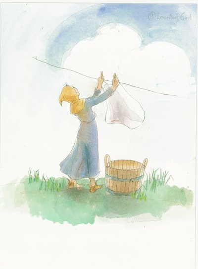 中世の少女が洗濯物を干している様子（2004年 作： Judith Dobie
