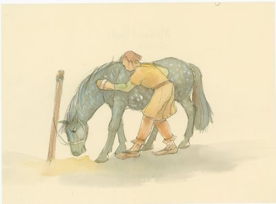 馬にブラシをかける中世の新郎、2004年。 作： Judith Dobie