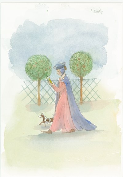 庭園に佇む中世の女性（2004年 作： Judith Dobie