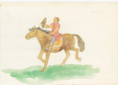 腕に猛禽類を乗せて馬に乗っている中世の男性、2004年。 作： Judith Dobie