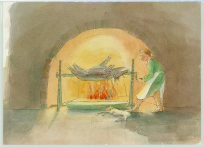 厨房で串を回す中世の串坊主、2004年。 作： Judith Dobie