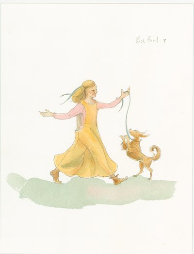 犬と遊ぶ中世の女性、2004年。 作： Judith Dobie