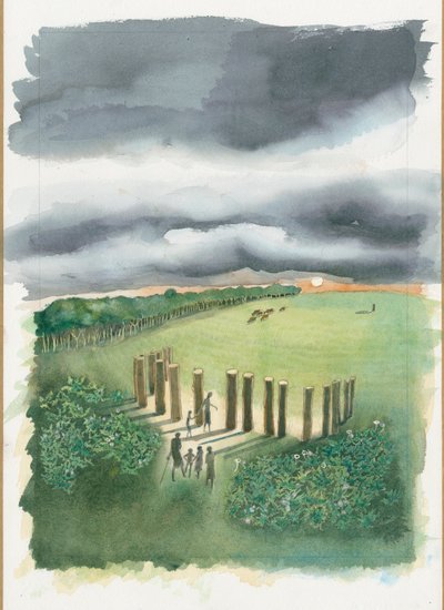 ラウンズ新石器時代の復元（紙に水彩画） 作： ジュディス・ドビー