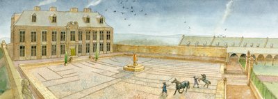 1700年、ウィットビー修道院のチョルムリー邸宴会場と前庭（水彩・紙） 作： ジュディス・ドビー