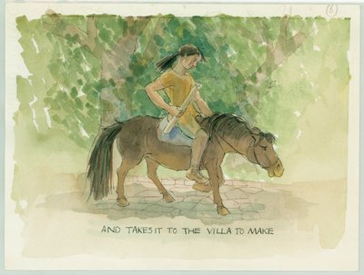 ジュリアのモザイク床のデザインを、職人が別荘に持ち込む（2003年）。 作： Judith Dobie