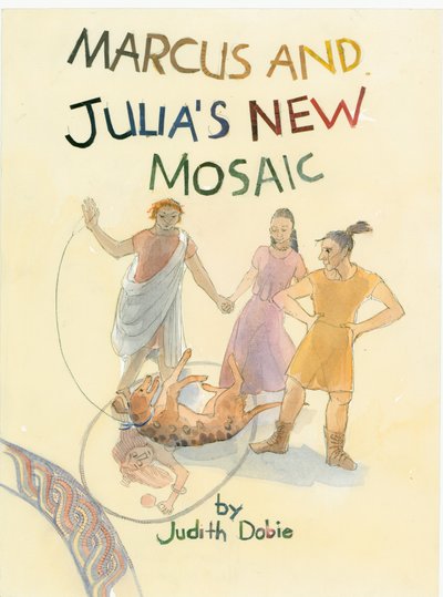 2003 年、前景にモザイクを施した 3 人のローマ字と 1 匹の犬。 作： Judith Dobie