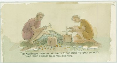 2003 年、モザイク画家のために石を切って小さな四角形を作る 2 人の登場人物。 作： Judith Dobie
