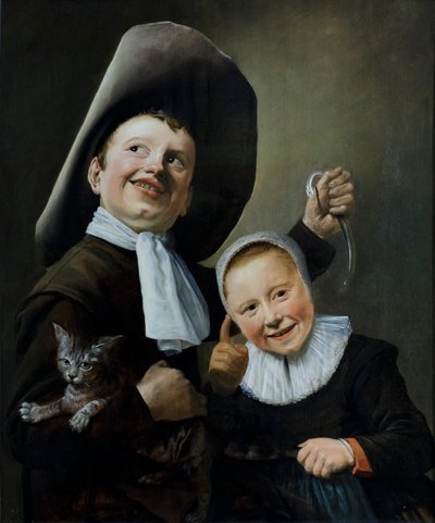 猫とうなぎを連れた少年少女 1635年頃 オーク材に油彩 作： Judith Leyster