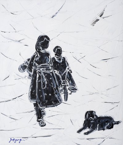 犬を散歩させている子供たち 作： 