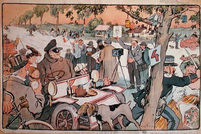 パリ・ベルリン間のラリーに出発するM.フルニエの風刺画 作： Jules Abel Faivre