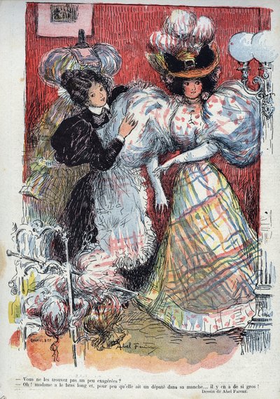 少し誇張されていると思いませんか？アベル・フェーヴル（1867-1945）のユーモラスな絵。"The Laughter", n. 45 1895.- 女性が新しいドレスに挑戦している。大きな袖が2つある。彼女はドレスアップした彼女にアドバイスを求めている。 作： Jules Abel Faivre