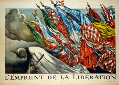 第一次世界大戦：「解放の借用」、連合国旗の下で頭を下げるウィリアム2世（1859 - 1941年）。アベル・フェーヴル（1867-1945）によるイラスト 作： Jules Abel Faivre