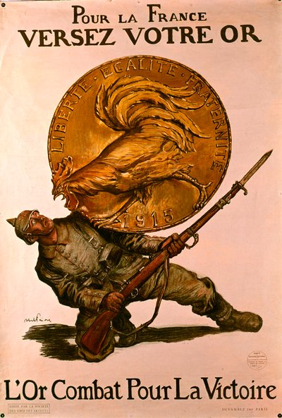 1915年の戦争の努力のために人々が銀行に預金することを奨励するフランスの第一次世界大戦のポスター 作： Jules Abel Faivre