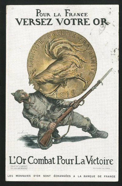ポストカード『Satirique en Colours』、1915年頃の作品。フランスのために」「金を注ぐ」「14-18年戦争」「ドイツ・プロイセン」「銀」「敵対勢力とシンボル」「勝利」「借用」「愛国の旅」「雄鶏」「アベル・フェーヴル（1867-1945）のイラスト 作： Jules Abel Faivre