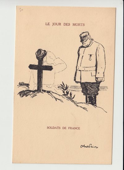 ポストカード、Satirique en N & B、1915年頃。死者の日-14-18年の戦争、喪に服す Obseques Funerailles - Joffre, Soldiers イラスト：Abel Faivre (1867-1945) 作： Jules Abel Faivre