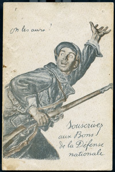 "We will have them "と叫んで戦地に赴く兵士を描いた「国防の躍動」の定期購読のポストカード 作： Jules Abel Faivre