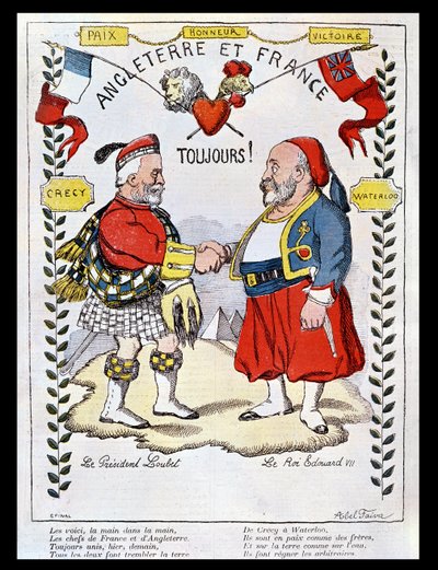 フランスとイギリスの間のエンタンテコーディアル：ルベー大統領（1838-1929）とエドワード7世（1841-1910）の風刺画、1903年の「ルリール」のイラスト 作： Jules Abel Faivre