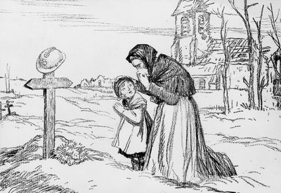 第一次世界大戦中、父と夫の墓の前で泣く未亡人とその小さな娘（11月1日 作： Jules Abel Faivre