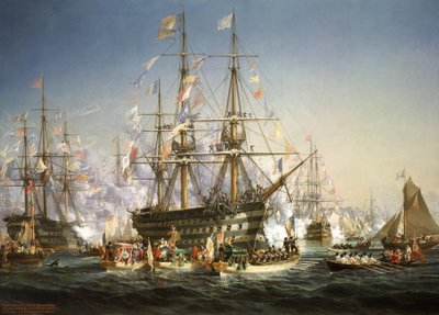 ヴィクトリア女王を迎えるナポレオン3世（1858年8月5日、フランス、シェルブールにて 作： Jules Achille Noel
