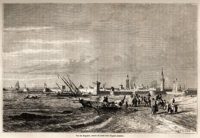 ジュール・ノエル（1810-1881）が描いたエッサウイラ（旧モガドール）の眺め。パリの "Le tour du monde, nouveau journal des voyages "に掲載された版画。 作： Jules Achille Noel