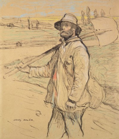 スペードを右肩にかざして左に歩く労働者 作： Jules Adler