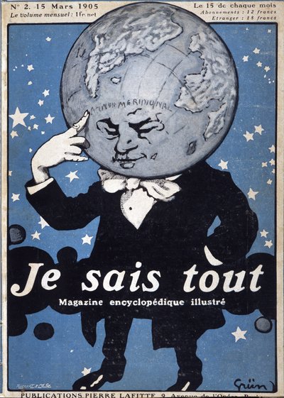 考えている地球儀 - 考えている地球儀 - 1905年3月15日の「Je Sais Tout」に掲載 - イラスト：ジュール・グラン 1868-1938年 作： Jules Alexandre Gruen or Grun