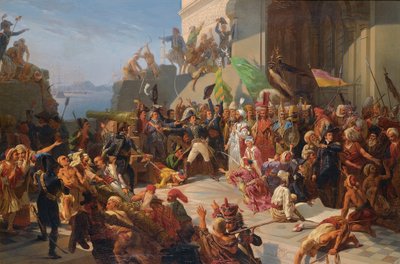 英仏戦争 - ナポレオン戦争 - スルタン・セリム3世（1761-1808）がホレス・セバスティアーニ将軍（1772-1851）を訪ねる場面（1807年2月） par Rigo, Jules Vincent (1810-1892).キャンバスに油彩、サイズ 作： Jules Alfred Vincent (after) Rigo