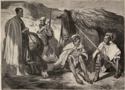 1857年、アルジェリアのカビル族。ジュール・リゴが描いた絵をもとにしたエングレーヴィング。1857年の "Le Monde illustrious "に掲載された版画。個人蔵。 作： Jules Alfred Vincent (after) Rigo