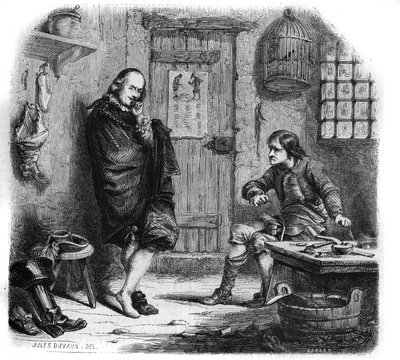 貯金箱を持つピエール・コルネイユ（1606-1684）。ジュール・デュヴォーのエングレーヴィング 作： Jules Antoine (after) Duvaux