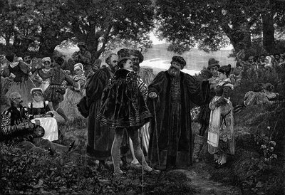 ラブレー、ムードンの治世。作家のフランソワ・ラブレー（1483-1553）は、ムードンの森の宴会場の主人。1551年から1553年までムードンの教区長を務めた。ジュール・ガルニエ（19世紀）が描いた絵をもとにしたエングレーヴィング（6月5日付「イラストレーション・ワールド」1210号掲載 作： Jules Arsene Garnier