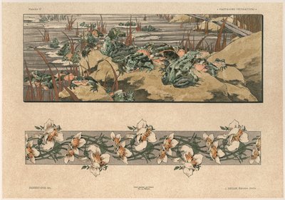 ヒキガエルと花、「ファンタジーの装飾品」からの版47、ジローの彫刻、ジュール・ルアム発行、パリ、Librairie de l&39;Art、1887（カラー彫刻） 作： Jules Auguste Habert Dys