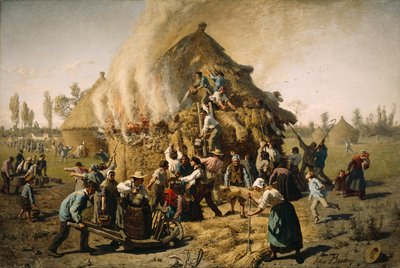 干し草の山での火災、1856年 作： Jules Breton