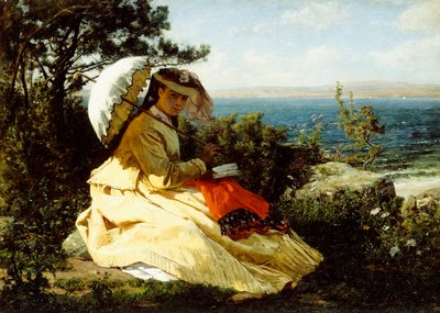日傘を持つ女性; 1871年のドゥアルヌネス湾 作： Jules Breton