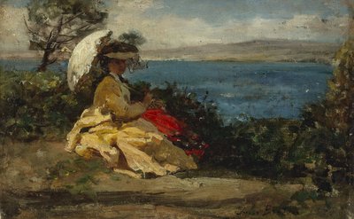 パラソルをさす女性、ドゥアルネーズ湾、1870年から1875年の間（油彩・カンヴァス） 作： Jules Breton