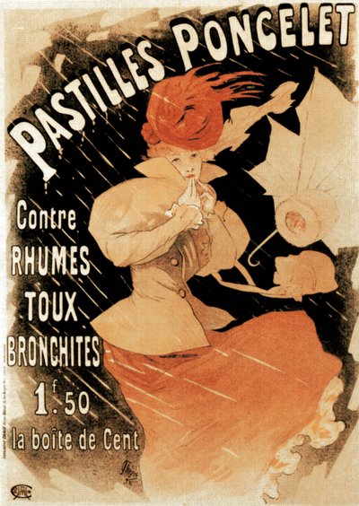 風邪と気管支炎の治療薬、パスティーユポンスレの広告ポスター、1896年。 作： Jules Cheret
