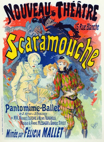アートエンターテイメント。フェリシア・マレのバレエ「スカラムーシュ」。ジュール・シェレによるポスター、フランス、1895年頃（ポスター 作： Jules Cheret