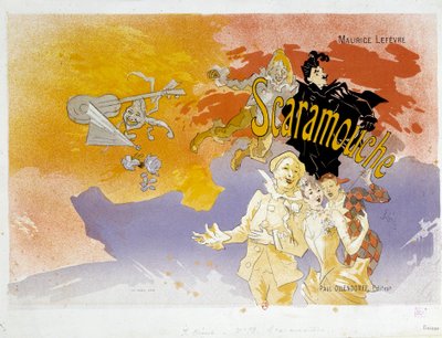 モーリス・ルフェーヴルの「スカラムーシュ」のブックカバー。ジュール・シェレ（1836-1932）によるイラストレーション 1891年 パリ、B.N. 作： Jules Cheret