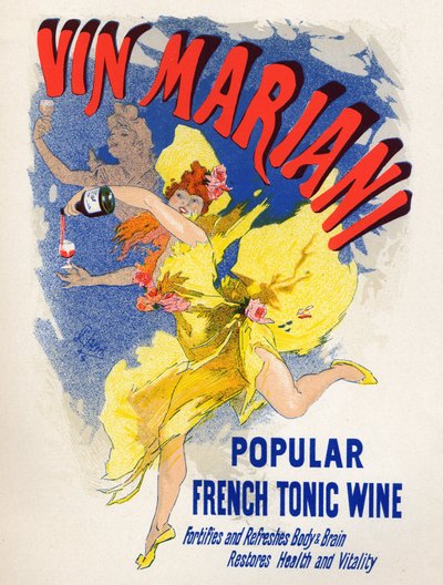 食べ物と飲み物。マリアーニのフレンチトニックワイン（初代コカワイン）。ジュール・シェレ（1836-1932）のポスター（フランス 作： Jules Cheret