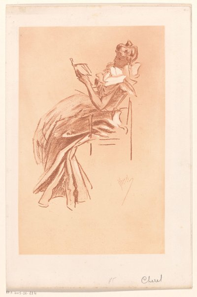 椅子で読書する若い女性 作： Jules Cheret