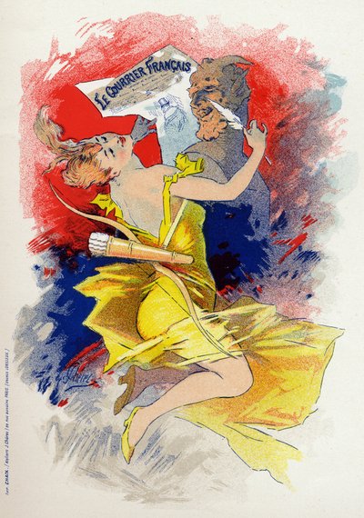 文学。新聞「ル・クーリエ・フランセ」。ジュール・シェレ作「アレゴリー」フランス、1890年頃（ポスター 作： Jules Cheret