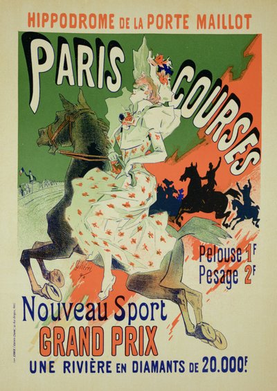 1890年パリのヒポドロームデラポルトマイヨでの「パリコース」の広告ポスターの複製 作： Jules Cheret