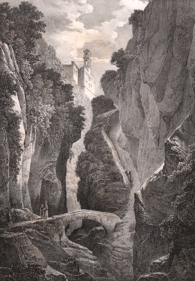 イタリア、カンパニア州ソレントのミルズの谷、ジュール・コワグネ (1798-1860) による描画後のビルヌーブによるリトグラフ、21.5x34.5 cm 作： Jules Coignet