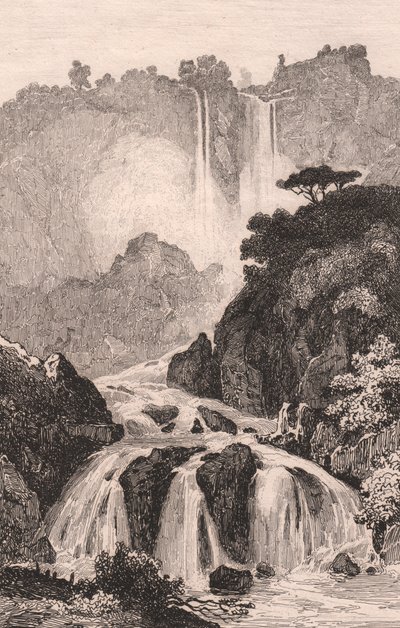 イタリア、ウンブリア州、テルニ近郊のマルモアの滝（Cascata delle Marmore）の眺め、Jules Coignet（1798-1860）のデッサンに基づくスチール・エングレーヴィング、約14x20cm。 作： Jules Coignet