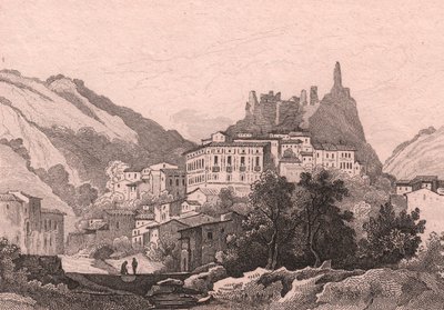 ニカストロ、カラブリア、イタリアの眺め、ジュール・コワグネ (1798-1860) による描画後のデュナイムによる鉄の彫刻、約 13x10 cm 作： Jules Coignet