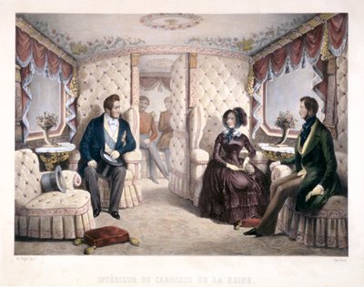 王室の馬車に乗るルイ・フィリップ王、ヴィクトリア女王、アルバート王子（1846年）。     作： Jules David