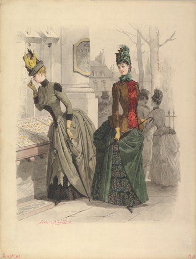 デイ・ドレスを着た二人の女性。1886年10月19日、「...からのファッション・プレート」のための準備のためのドローイング。 作： Jules David