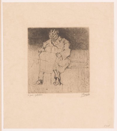 杖を持った年配の紳士がベンチに座る Le Pain quotidien (オブジェクトのタイトル) 作： Jules De Bruycker (signed by artist)