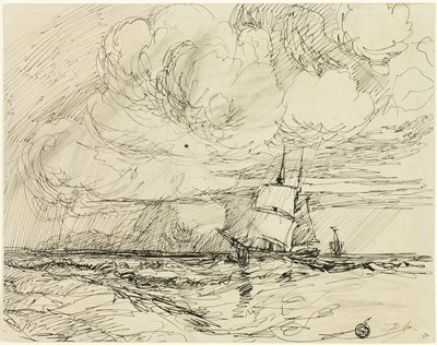 嵐の間の海での船 作： Jules Dupré